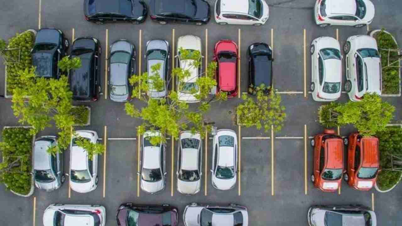 Un parcheggio contornato da alberi e aiuole 