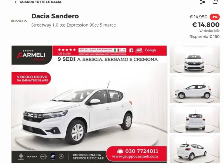Dacia Sandero occasione prezzo 15 mila Euro sconto