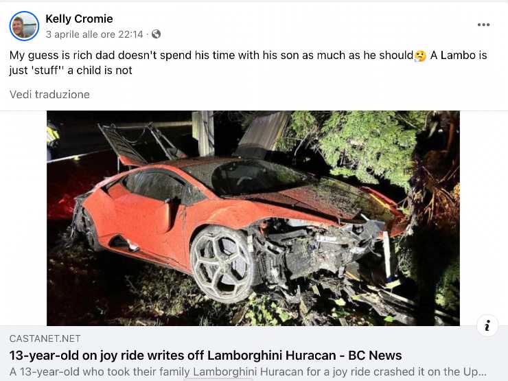 Lamborghini incidente guida ragazzino